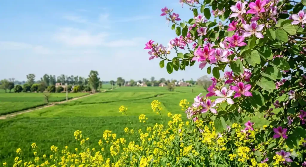 Spring landscape of Punjab with Sarson and Kachnar flowers in Chet