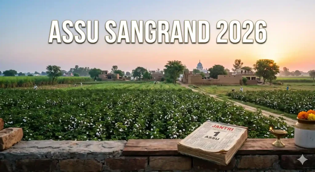 Assu Sangrand September 2026: Clear autumn sunrise over a Punjabi village.
