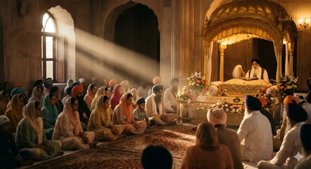 Sikh congregation listening to the Assu month stanza from the Guru Granth Sahib.
