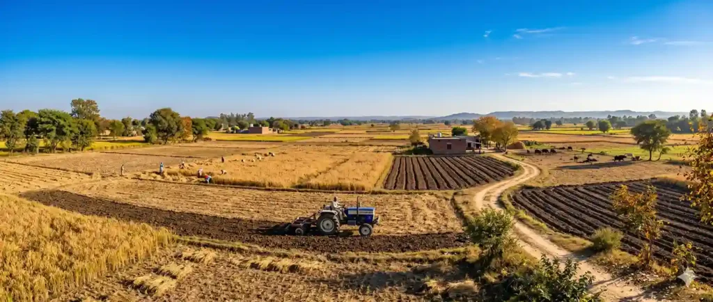 Clear blue skies and freshly tilled fields in Punjab during the month of Katik.