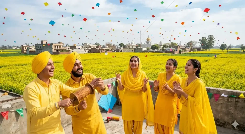 Colorful kites in the sky over yellow mustard fields during the month of Phagun.