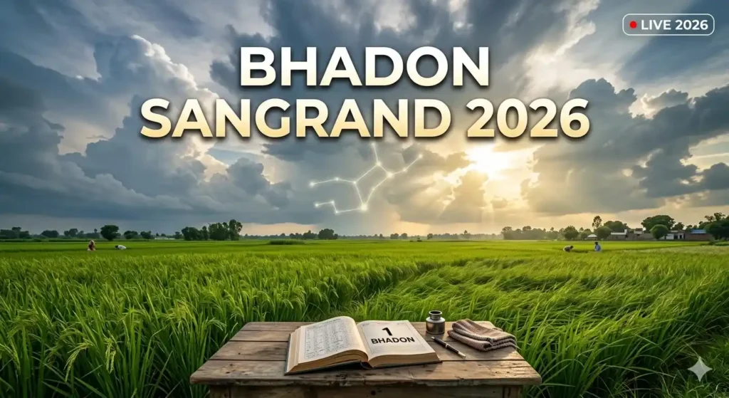 Bhadon Sangrand August 2026: Lush rice fields under a dramatic retreating monsoon sky in Punjab.