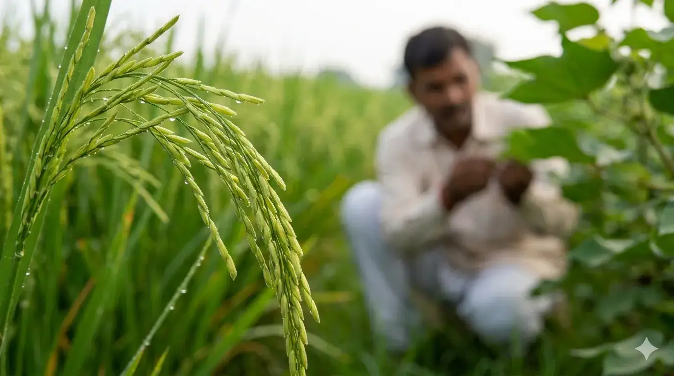 Close-up of rice grains maturing in a Punjab field during the humid month of Bhadon.