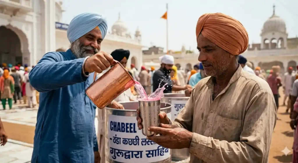 Sikh volunteers serving cold sweetened water (Chabeel) during the hot month of Jeth.