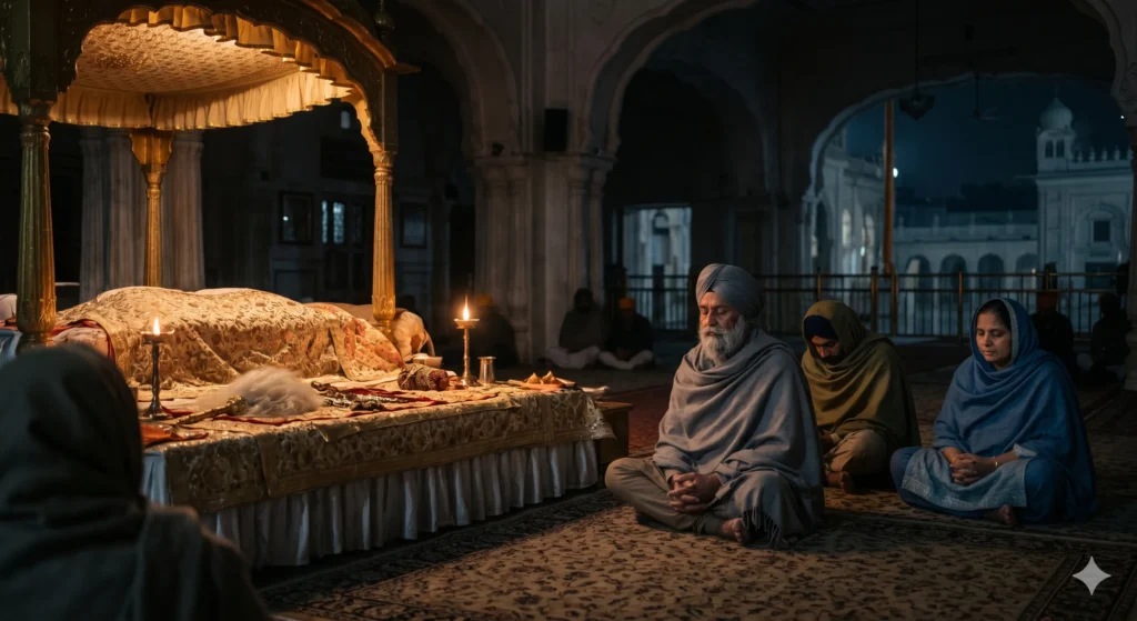 Sikh devotees in quiet meditation during the martyrdom week in the month of Poh.
