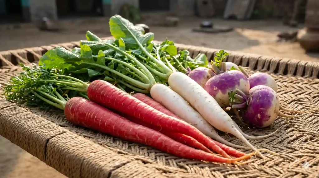 A collection of fresh Punjabi winter vegetables like carrots and radishes.