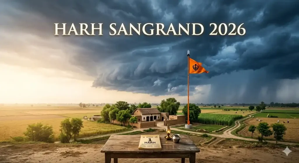 Harh Sangrand June 2026: Monsoon clouds approaching a Punjab village and Gurdwara.