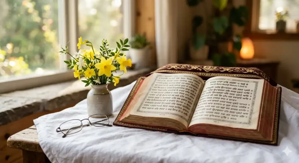 An open Gurbani pothi and spring flowers representing the spiritual end of the Desi year.