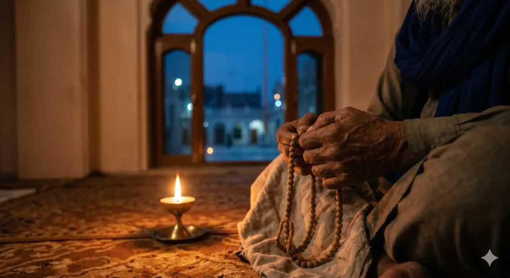 A Sikh devotee in meditation during the winter month of Maghar.