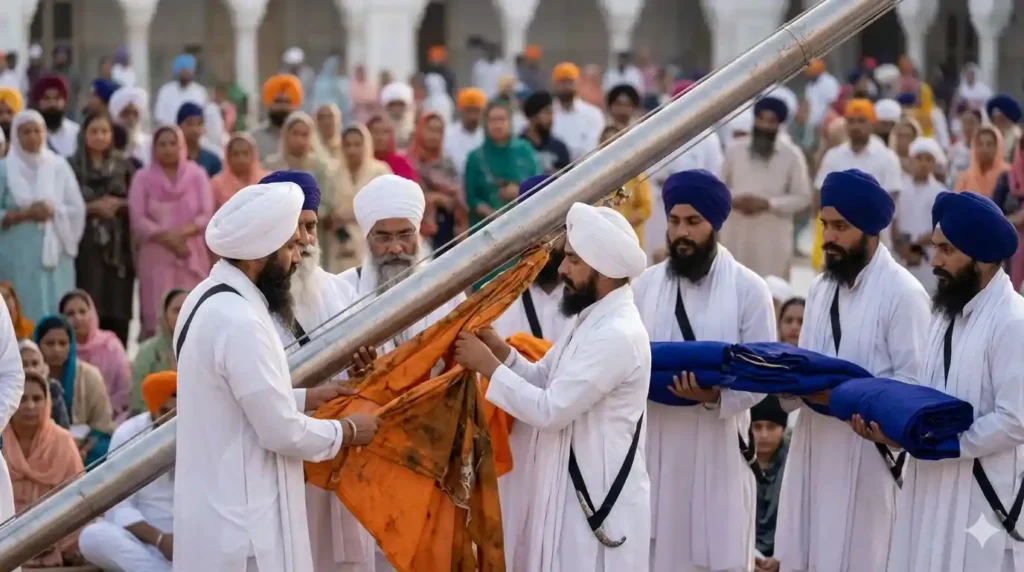Traditional lowering and cleaning of the Nishan Sahib (Sikh flag) on Vaisakhi Sangrand.