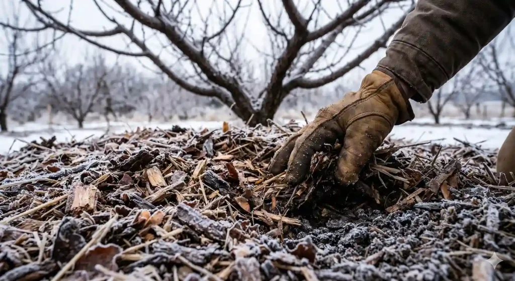 Protective mulching and pruned fruit trees during the dormant month of Poh.