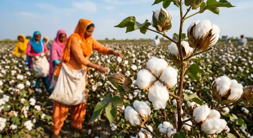 Manual cotton picking in a Punjab field during the month of Assu.