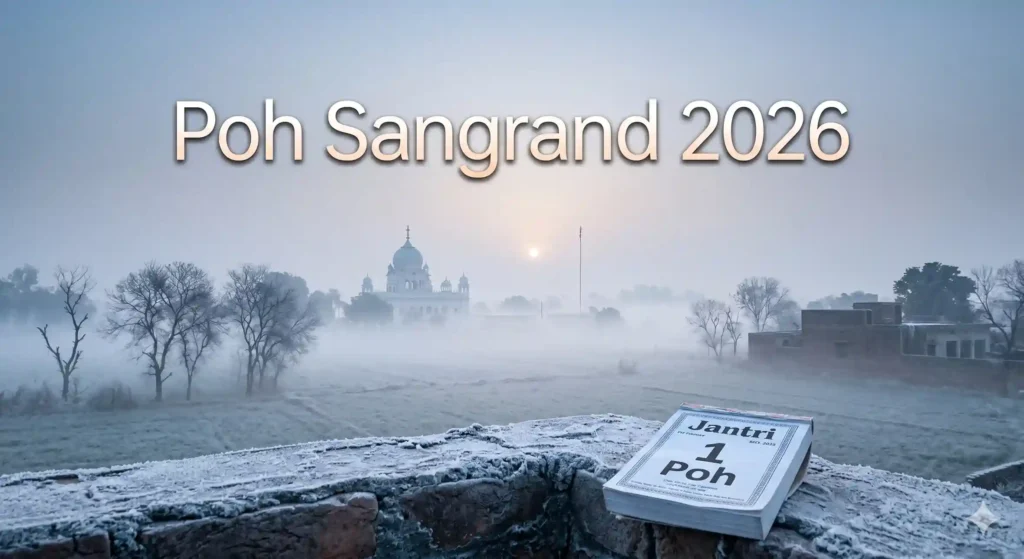 Poh Sangrand December 2026: Heavy morning fog and frost in a Punjabi village.