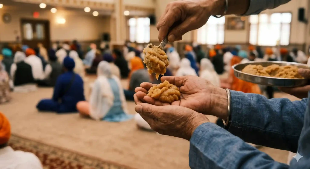 Devotees receiving sacred Karah Prasad in the holy congregation on Katik Sangrand.