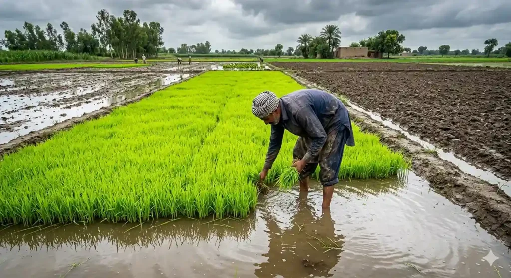 Farmers in Pakistan preparing rice paddy nurseries during the month of Harh.