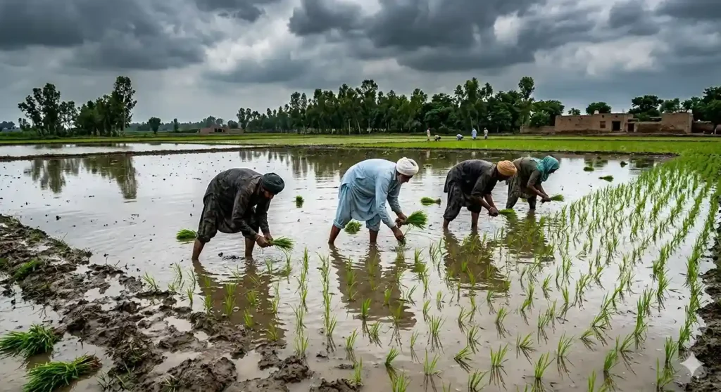 Farmers transplanting rice seedlings in flooded puddled fields during Sawan