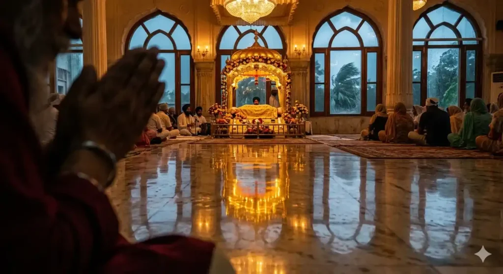 A peaceful Gurdwara interior during the recitation of the Bhadon stanza of Barah Maha.