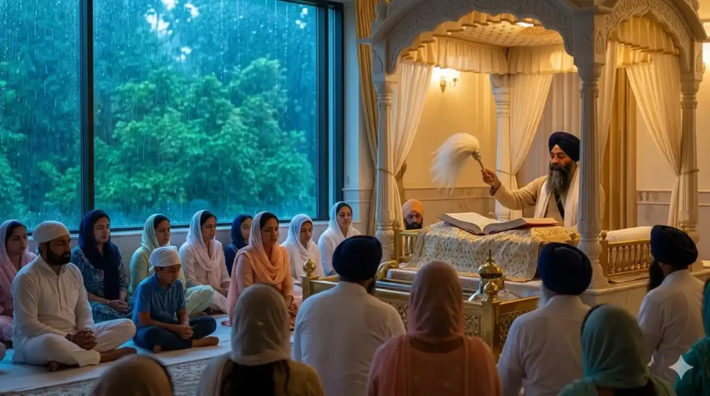 Sikh congregation listening to the Sawan stanza of Barah Maha during monsoon rain.