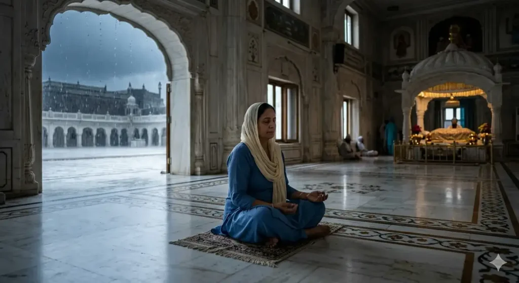 A Sikh devotee meditating in a cool Gurdwara while it rains outside during Harh.