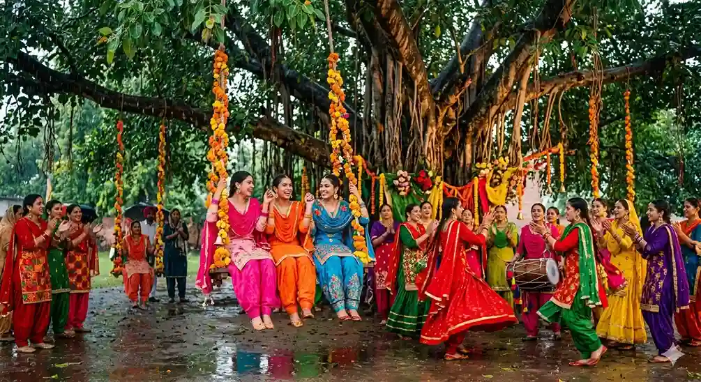 Punjabi women celebrating Teeyan festival with swings and Giddha during Sawan