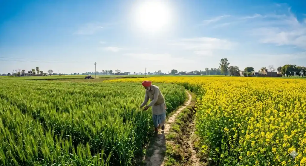 Lush wheat and mustard fields in Punjab during the late winter month of Magh