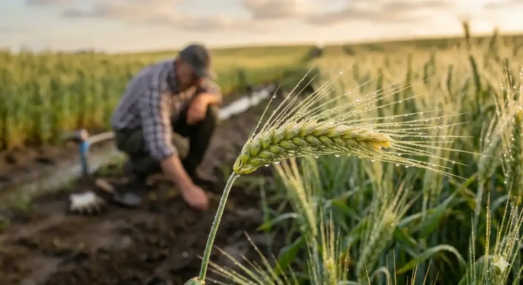 Close-up of wheat ears maturing in a Punjab field during the month of Phagun