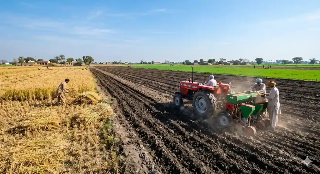 Farmers sowing wheat and clearing rice stalks during the month of Maghar in Punjab.