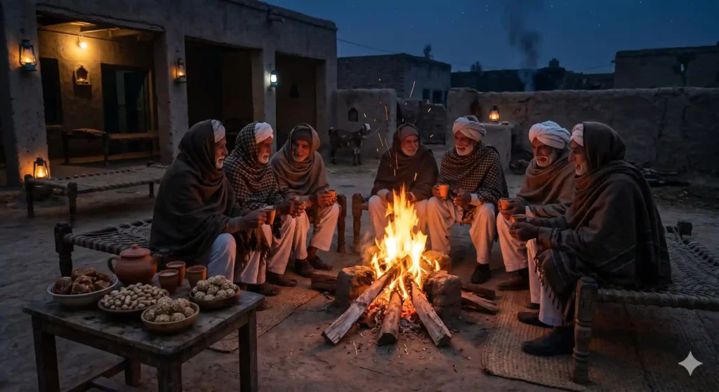 People sitting around a bonfire eating peanuts and jaggery during the month of Poh.