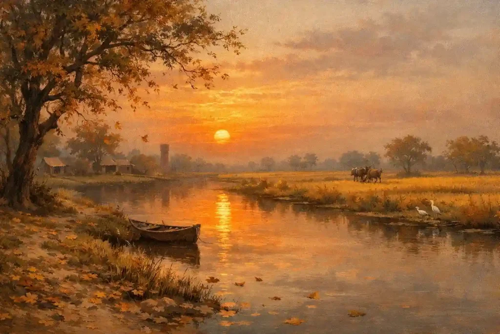 Assu month in Nanakshahi calendar showing early autumn season with golden fields and sunset riverside view in Punjab