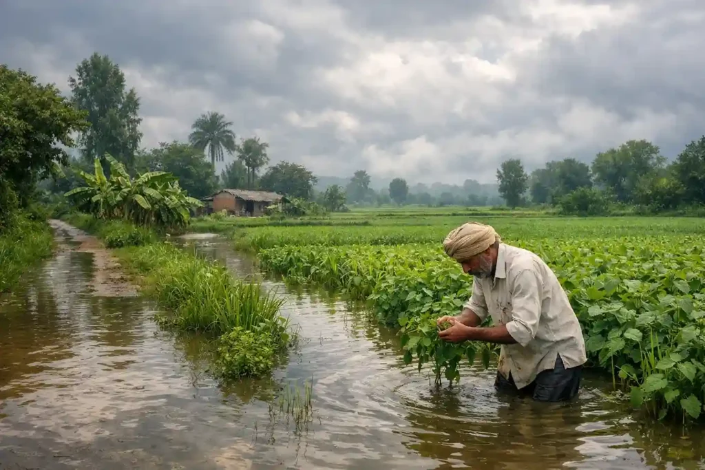 Bhadon month in Nanakshahi calendar depicting peak monsoon season with flooded green fields in a Punjabi village
