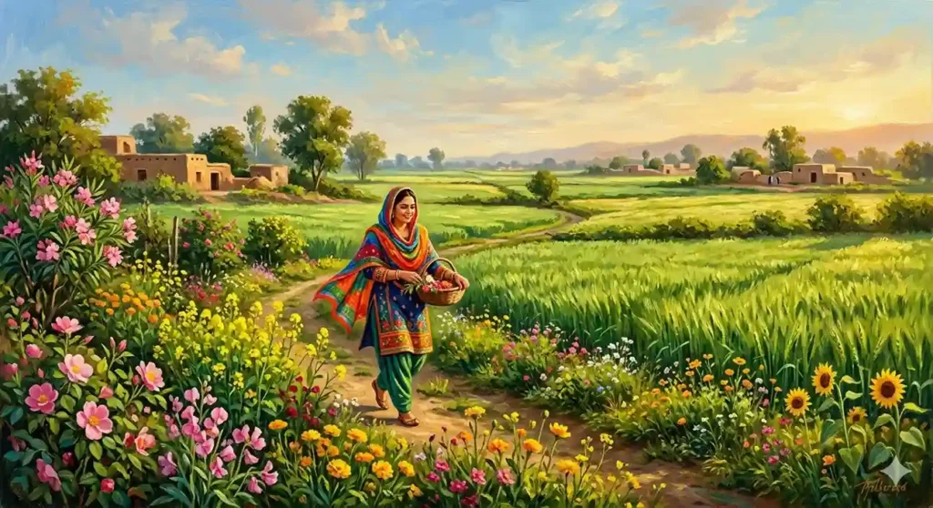 Chet month in Nanakshahi calendar representing spring season in Punjab with blooming flowers and green fields