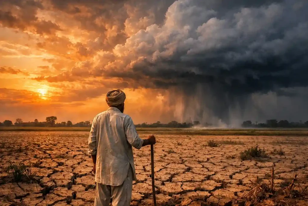 Harh month in Nanakshahi calendar showing the arrival of monsoon clouds over dry Punjab fields in early summer