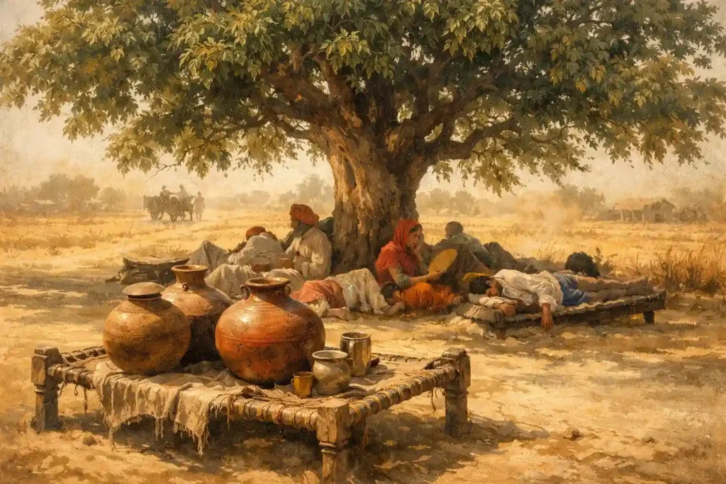Jeth month in Nanakshahi calendar depicting intense summer heat in a traditional Punjabi village with mango tree shade