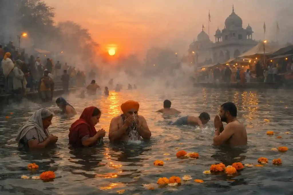 Magh month in Nanakshahi calendar representing Maghi festival with people bathing at a holy river ghat at sunrise in Punjab