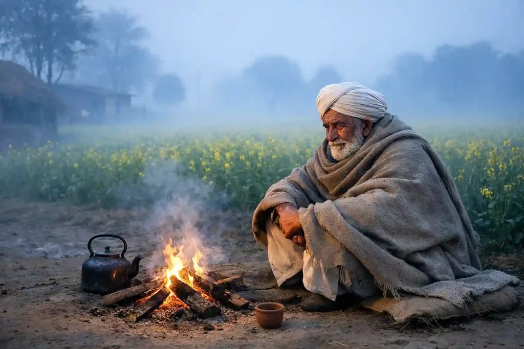 Maghar month in Nanakshahi calendar depicting early winter morning with mustard fields and morning fire in rural Punjab