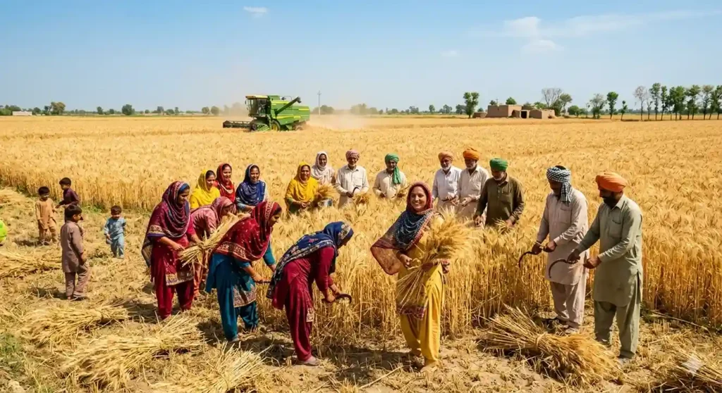Farmers hand-harvesting golden wheat fields in Pakistani Punjab on Vaisakhi Sangrand.