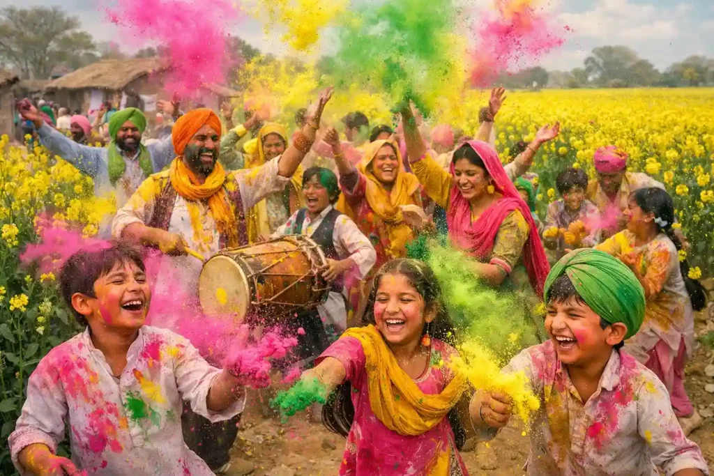 Phagun month in Nanakshahi calendar depicting Basant and Holi celebrations with colorful powder and blooming mustard fields in Punjab