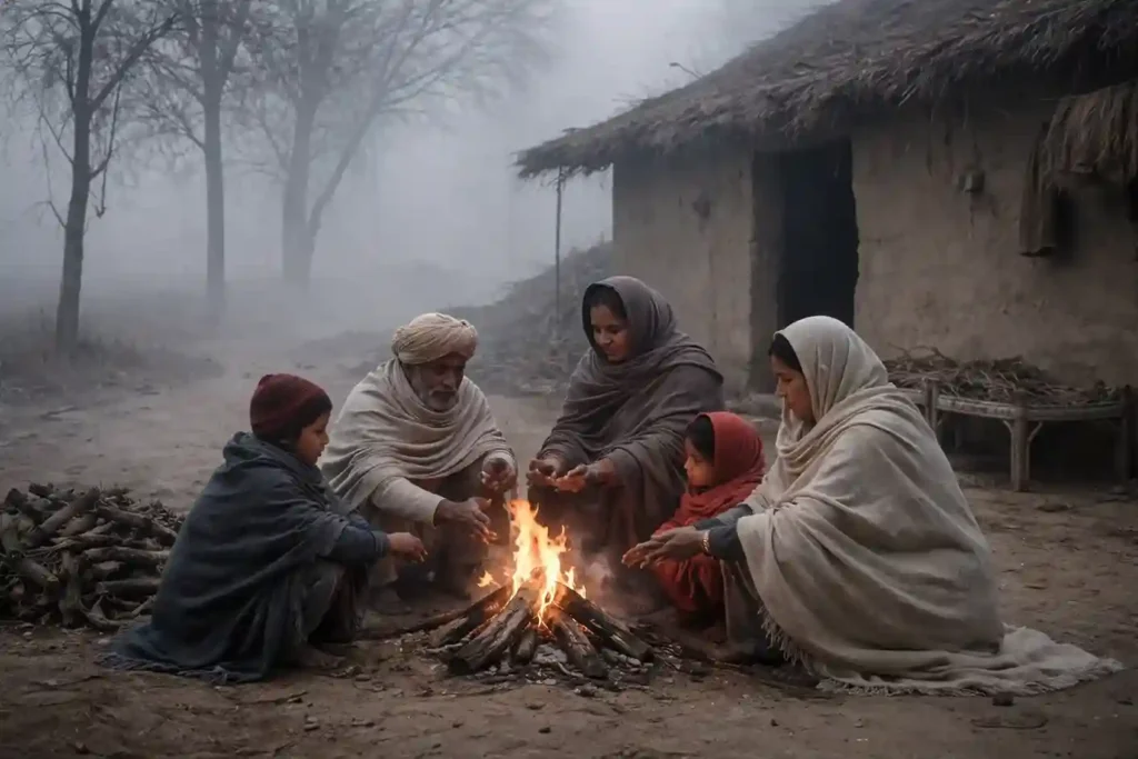 Poh month in Nanakshahi calendar showing peak winter fog and family gathered around fire in a traditional Punjabi village