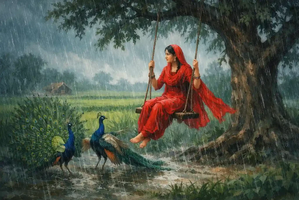 Sawan month in Nanakshahi calendar representing heavy monsoon rains and lush green fields in rural Punjab