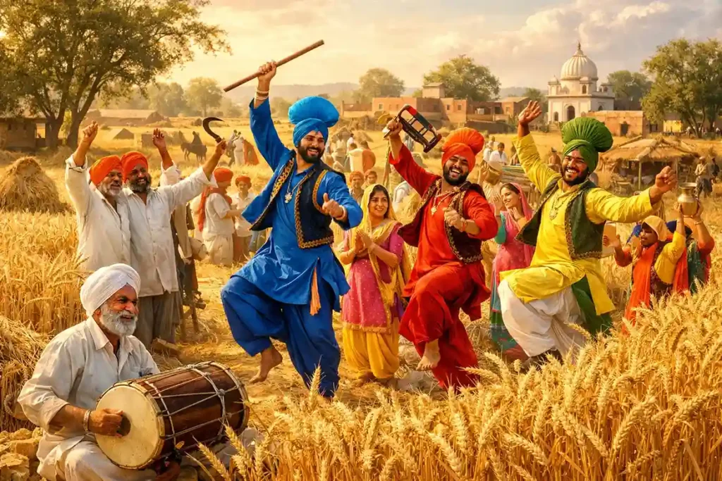 Vaisakh month in Nanakshahi calendar showing wheat harvest and Vaisakhi festival celebration in rural Punjab