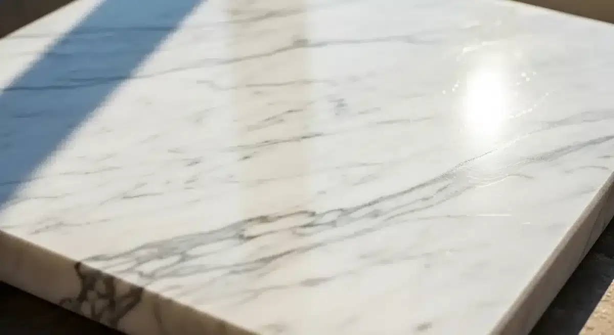 Close-up of polished white marble with fine gray veining, reflecting light, showcasing its elegant texture and natural beauty.