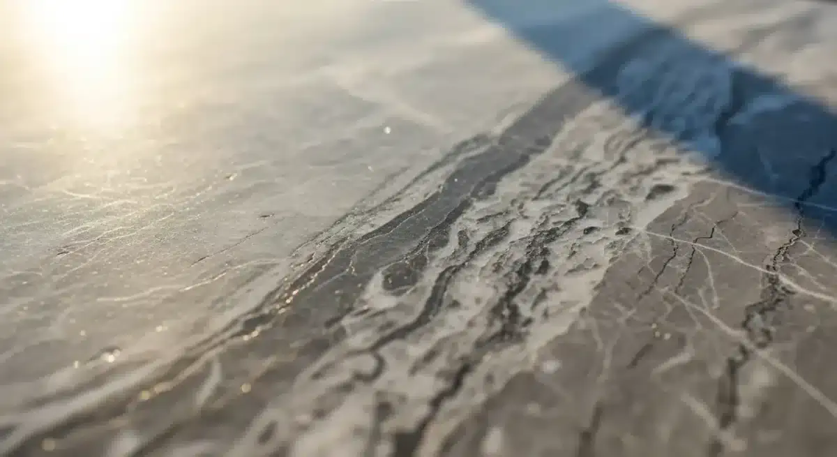 Close-up of textured ice surface with cracks and ridges, highlighted by sunlight and a shadow cast from the right side.
