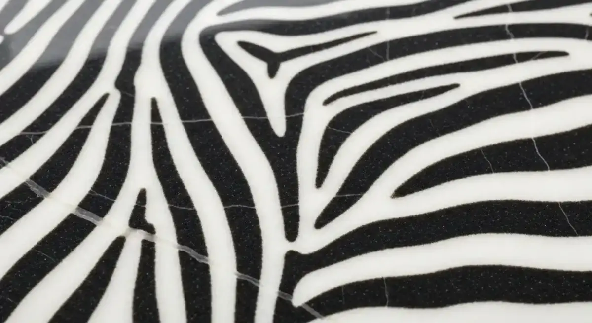 Close-up view of black and white zebra stripes pattern, showing curved and angular shapes on a textured surface.


