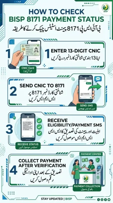 Explanation of BISP 8171 status messages including eligible, payment released, under verification, NSER survey required and ineligible status meanings in Pakistan