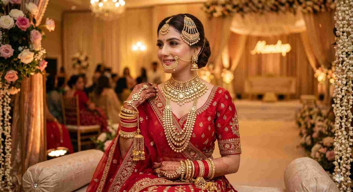 Punjabi bridal gold jewelry featuring nath, passa and kangan