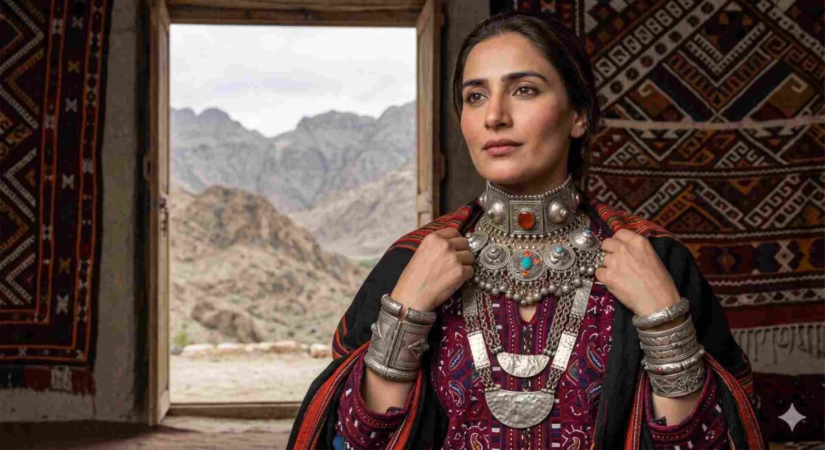 Traditional Balochi tribal jewelry with gemstone inlays and chokers