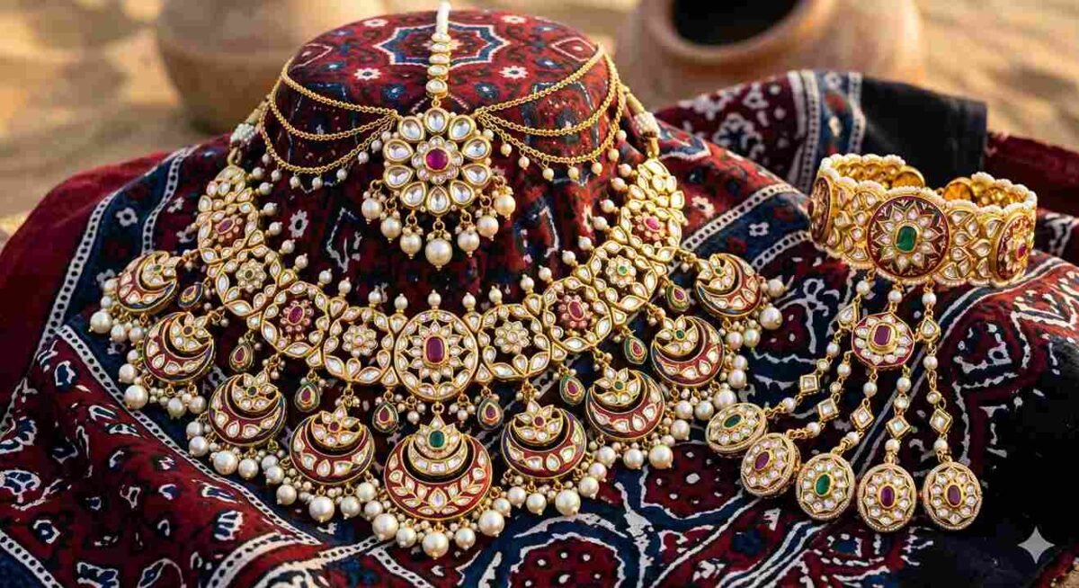 Traditional Sindhi gold jewelry with Kundan and Meenakari craftsmanship